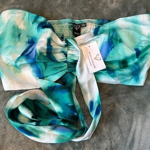 Windsor Blue Green Watercolor Strapless Tie-Front Top and Flowy Pant Set